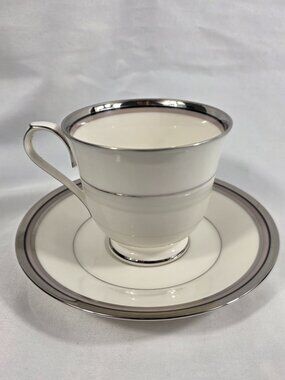 ONE Noritake Platinum Lights Cup & Saucer SET White Black & Taupe Bands Platinum
